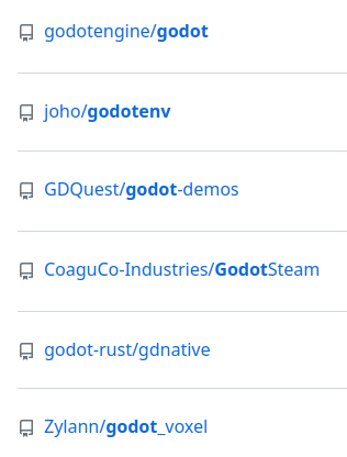 Some GitHub search results for "godot"